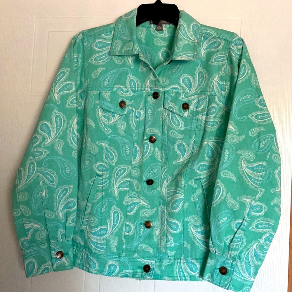 Jessica London Denim Jacket Sz 12 Paisley Lt. Green and White